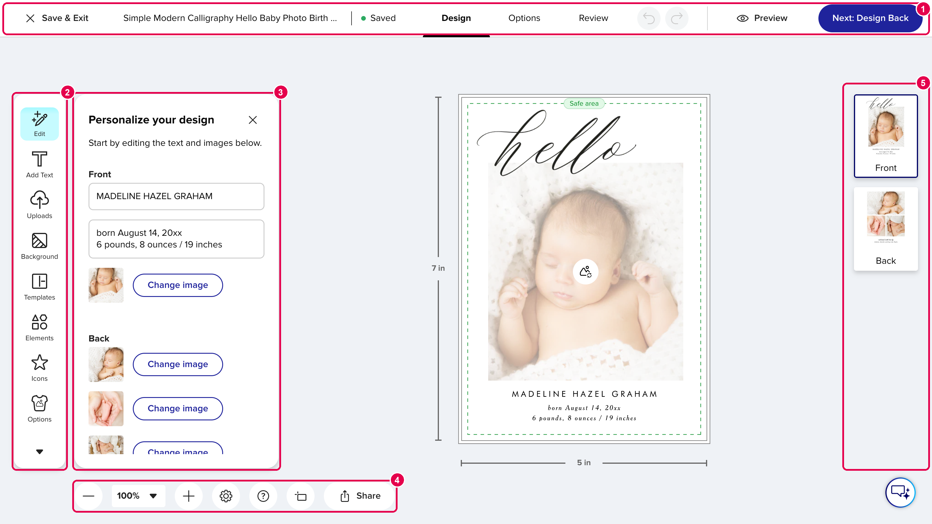 The Design Tool with its 5 main areas numbered
