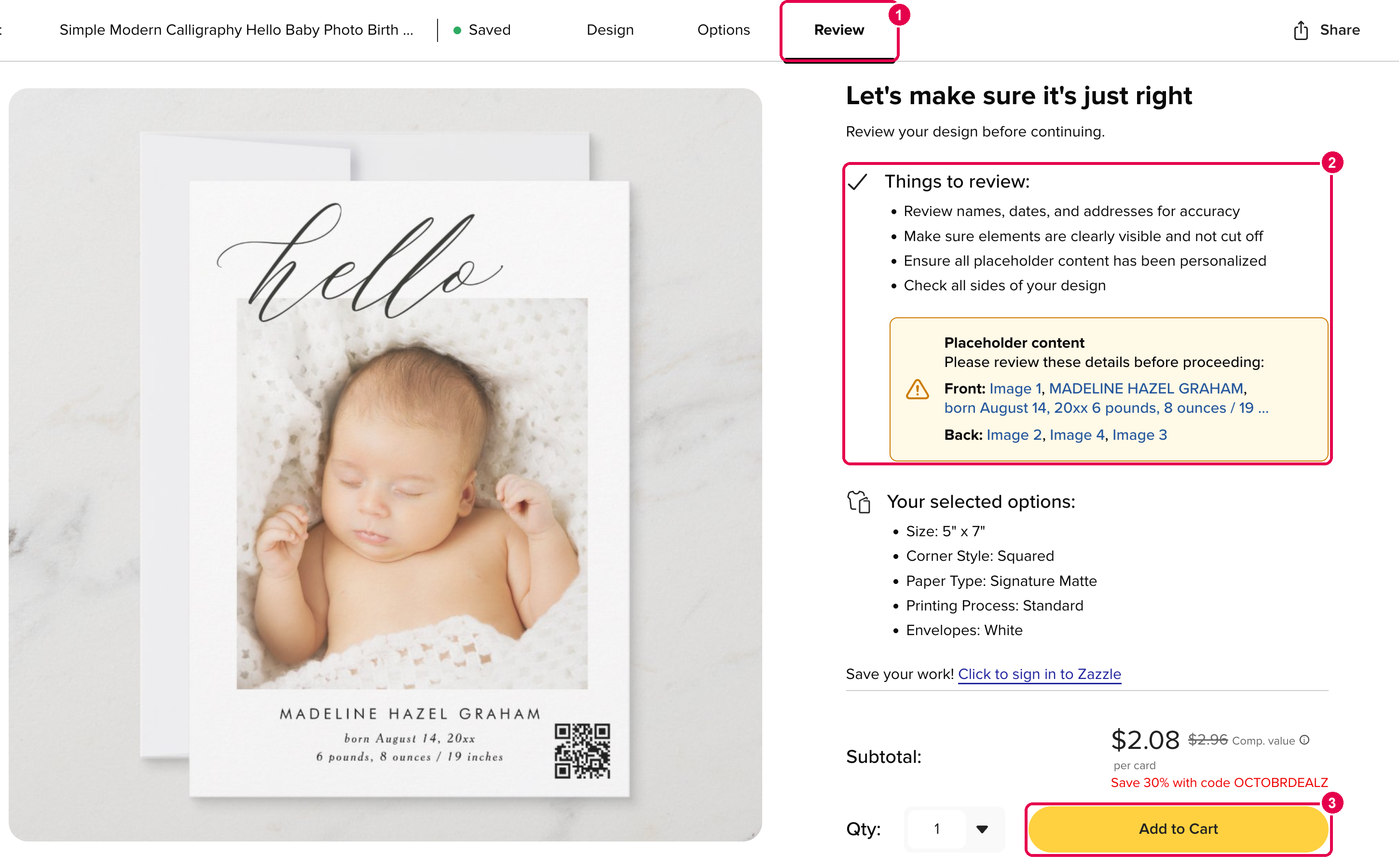 Add to Cart on the Review step
