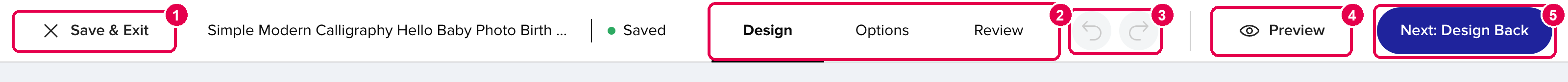 The top bar with Save & Exit, steps, Undo/Redo, Preview, and Next numbered