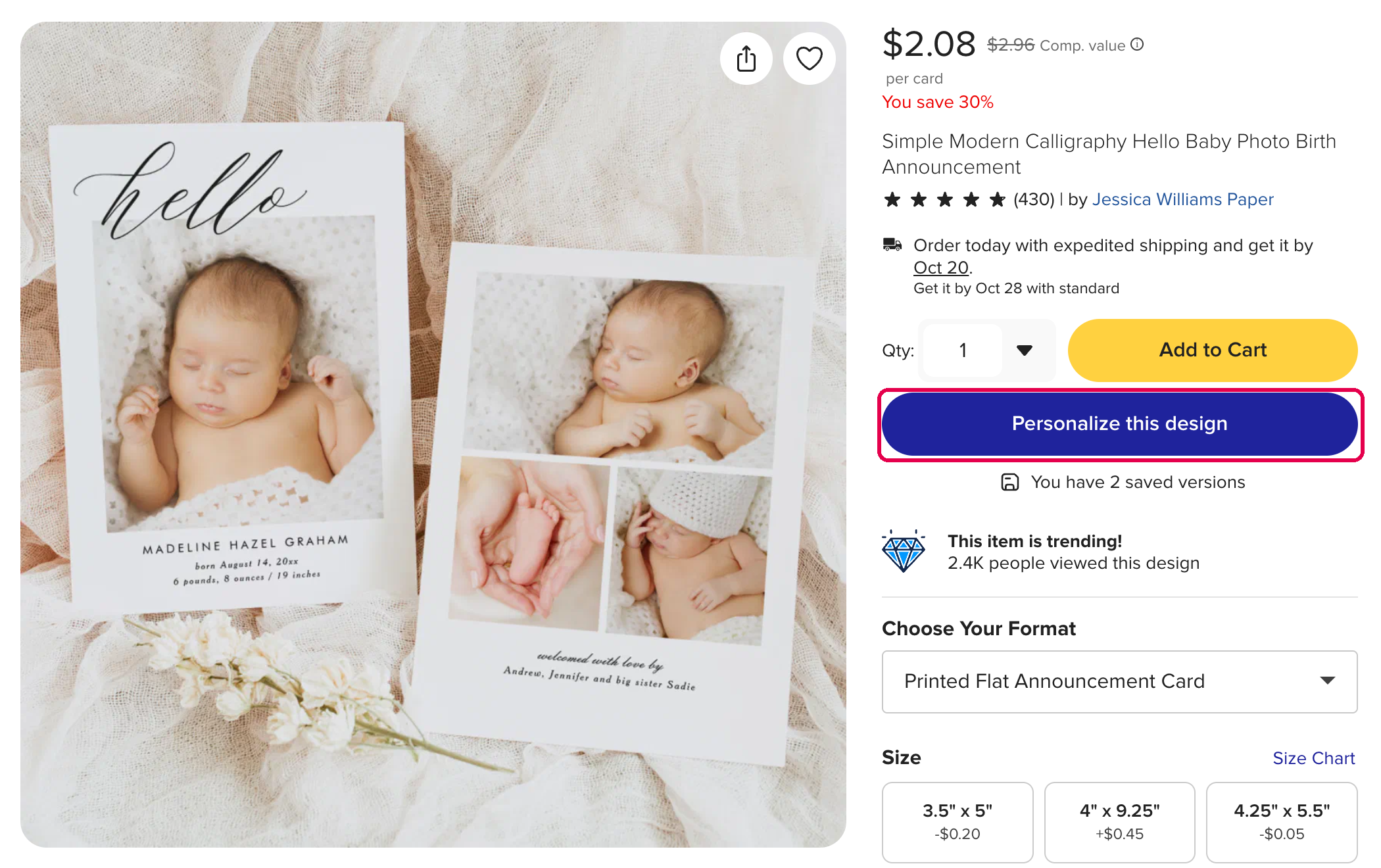 The Personalize this design button on a product page