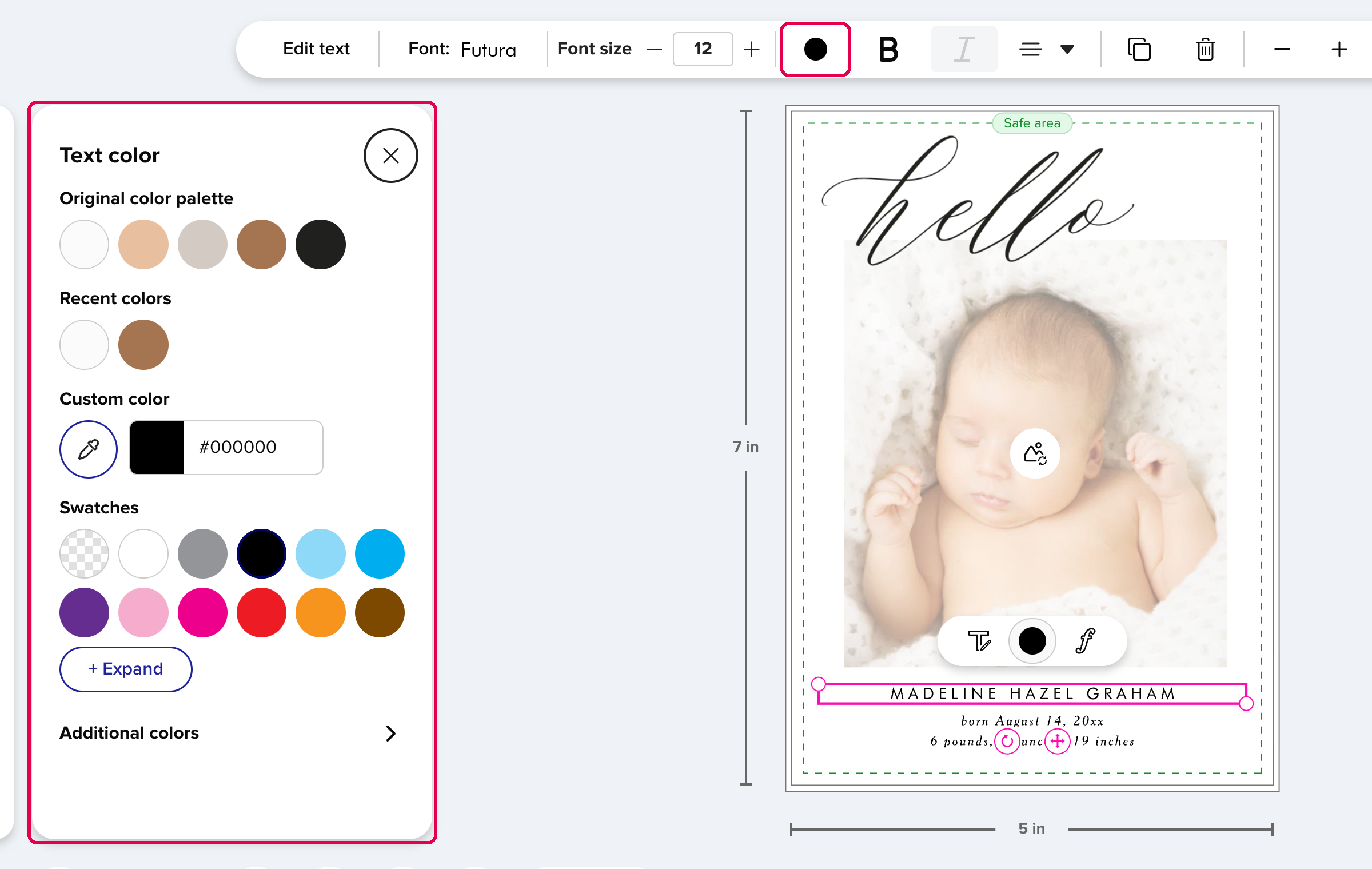 The Text color button and color options