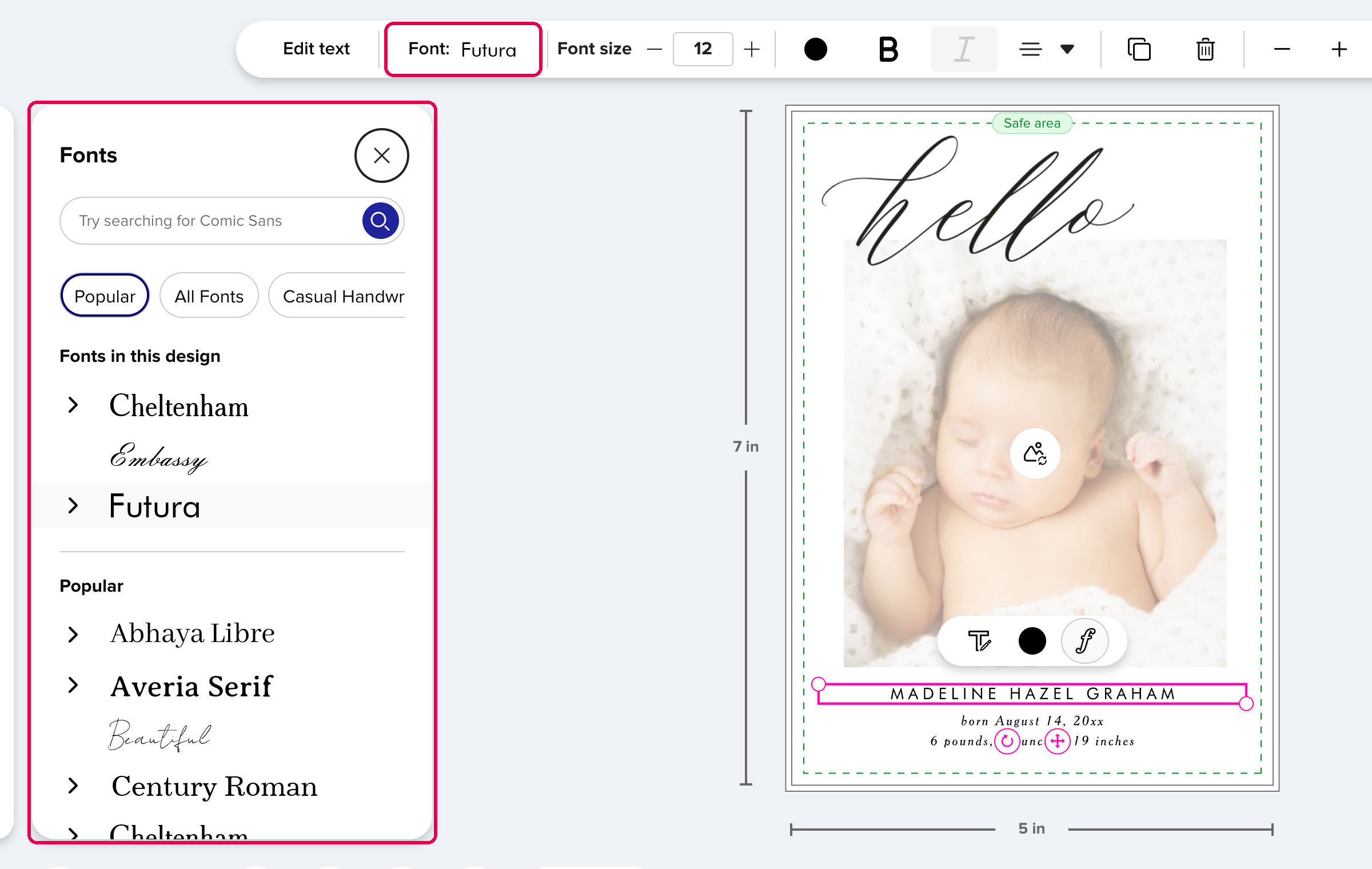 The Font button and the font list