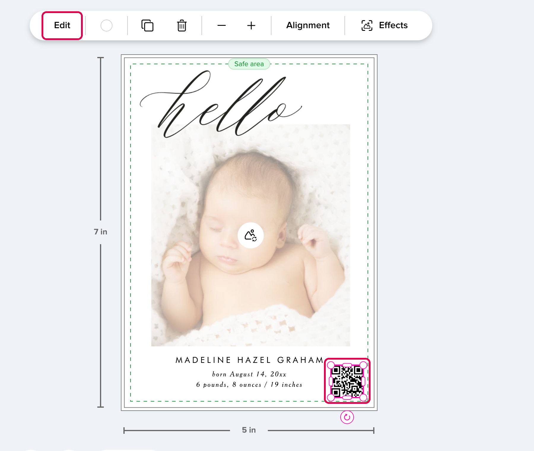 A QR code on the design with its toolbar