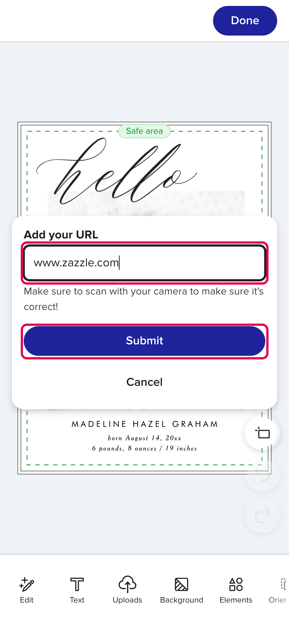 Typing the web address and tapping Submit on a phone