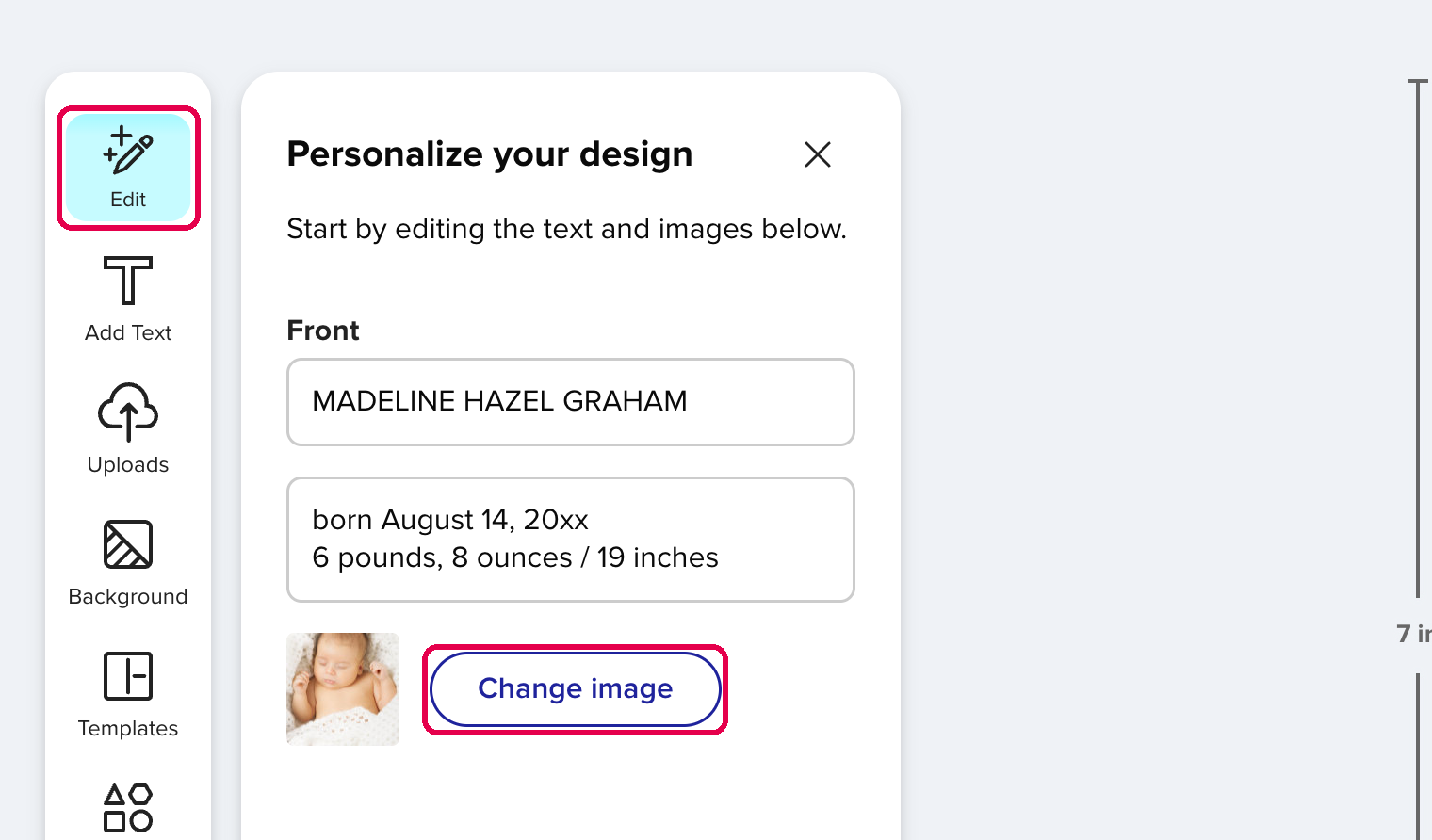 The Edit panel with a photo field and Change image