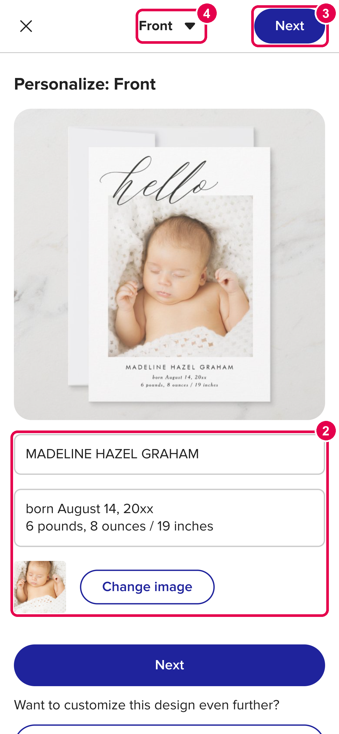 The personalize screen with the side picker, Next button, and a text box numbered