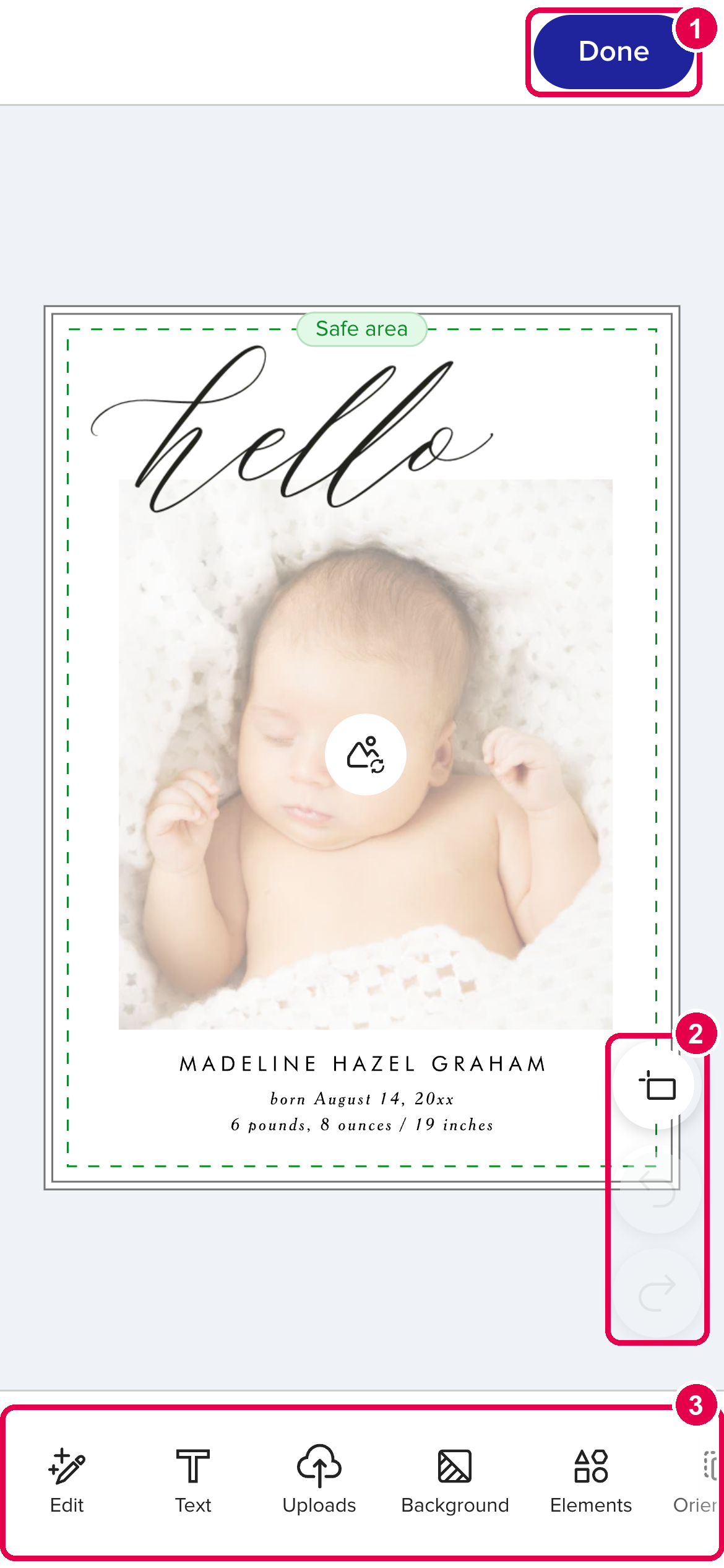 The phone Design Tool with Done, the side and undo buttons, and the bottom toolbar numbered